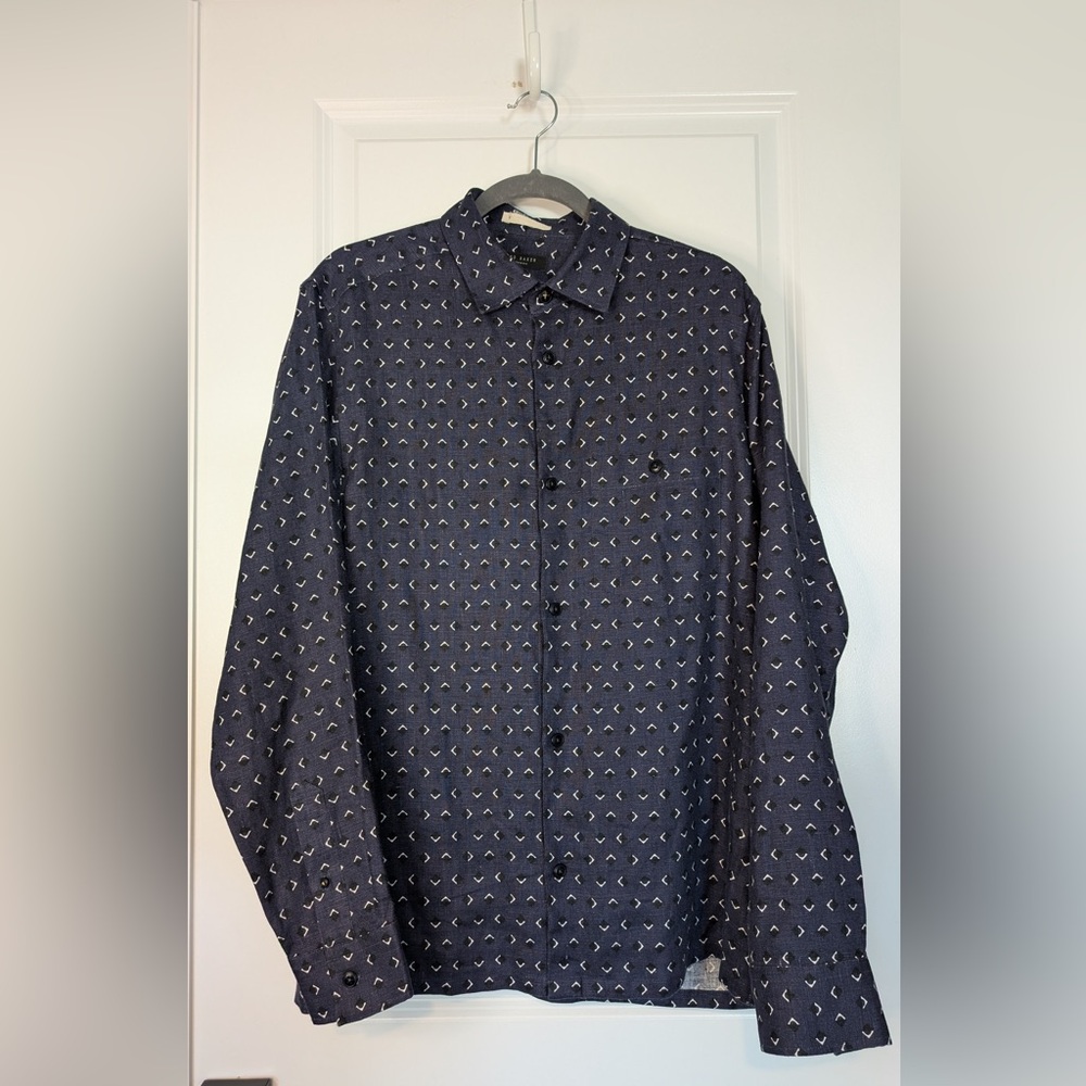 Ted Baker Men’s Arnel Geo Print 100% Linen Button Down Shirt Navy Size L (4)
